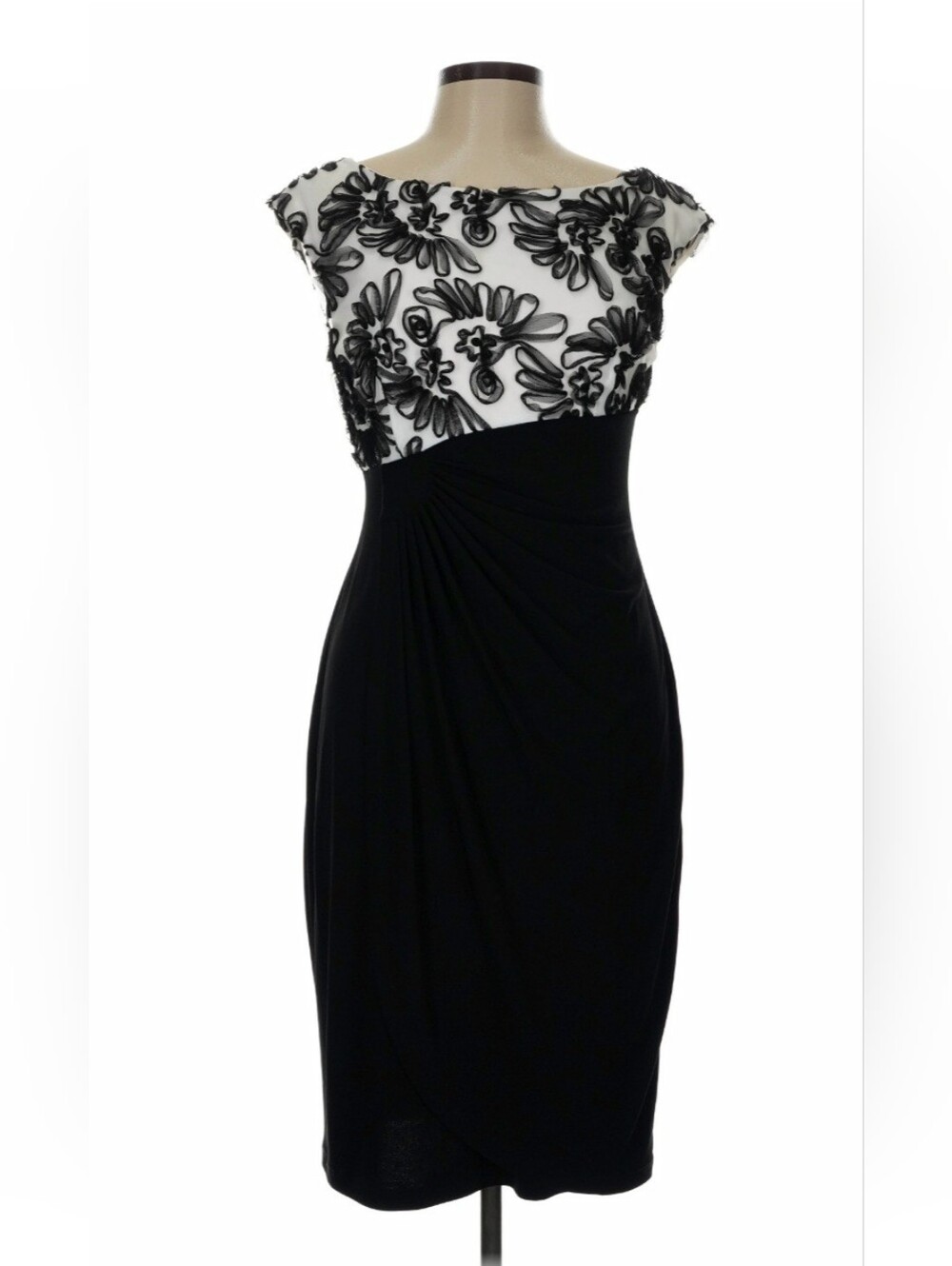 Connected Apparel Black and White Floral Applique Midi Dress